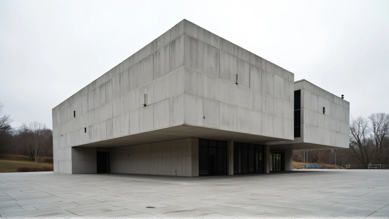 A low-angle view of a concrete building showcasing geometric lines and shadows under an overcast sky.