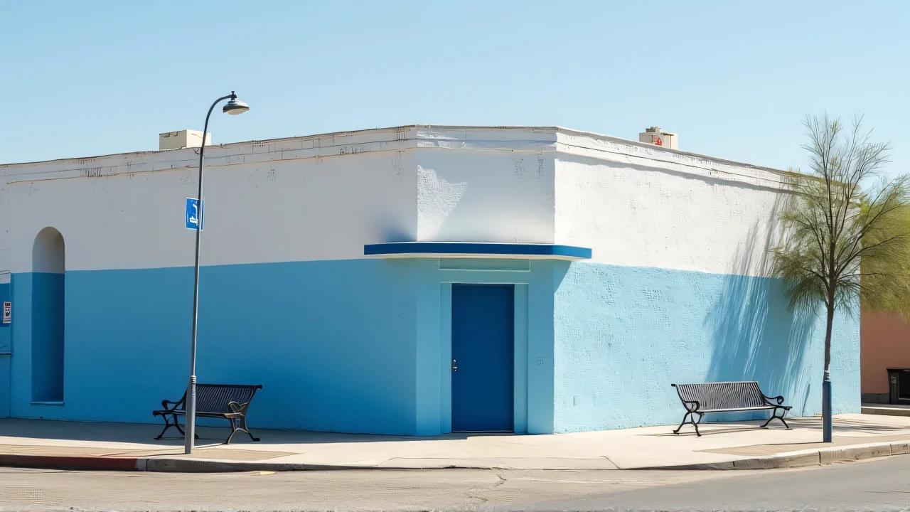 Low-angle view of a white and blue concrete building with long shadows and a metal bench on cracked pavement.