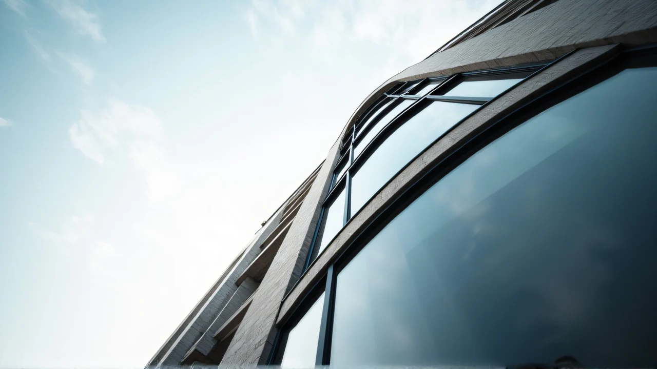 Low-angle view of a white-and-brown concrete structure converging toward the sky.