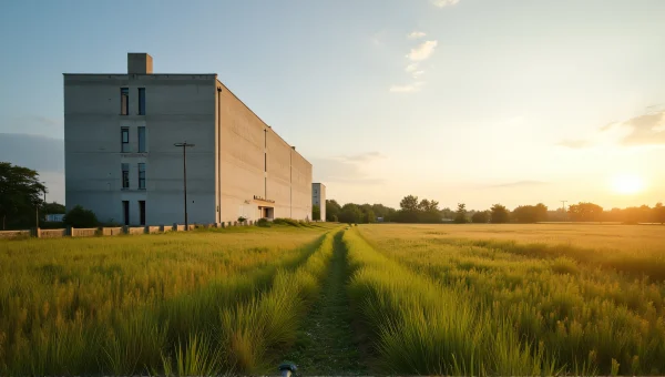 Concrete Building Near Grass Field at Sunset