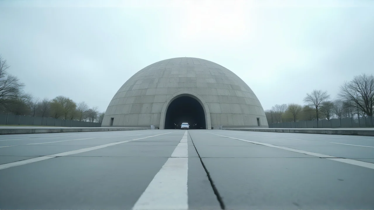 Low-angle view of a concrete dome building against an overcast sky.