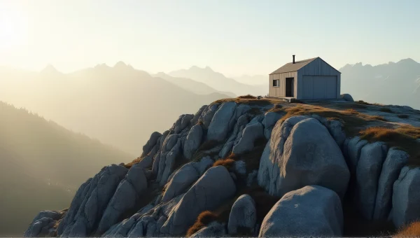 Concrete House On Rocky Mountain Ridge At Sunset
