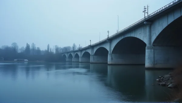 Concrete Structure By Calm River At Dusk