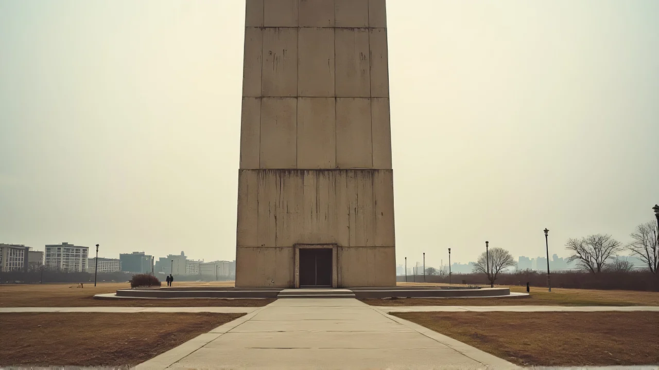 A low-angle view of a solitary brown concrete tower under overcast skies.