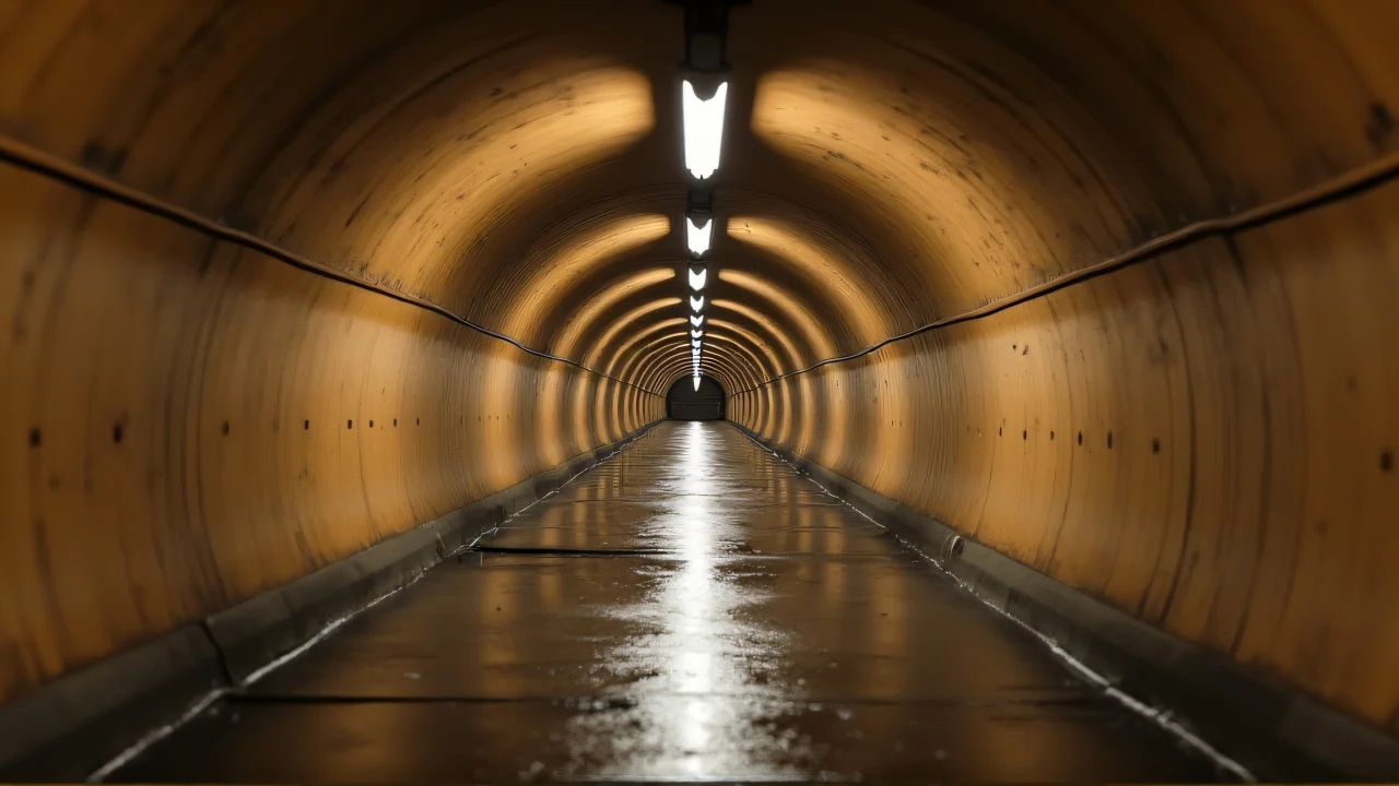 Low-angle view of a long brown concrete tunnel with a wet floor reflecting lights.