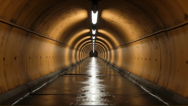Concrete Tunnel Perspective with Reflective Wet Floor
