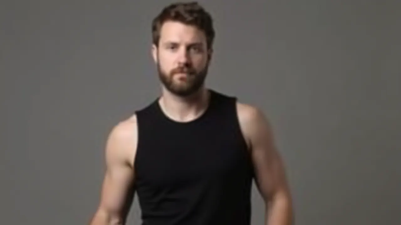 Portrait of a confident man in a black sleeveless top with relaxed hands at his sides.