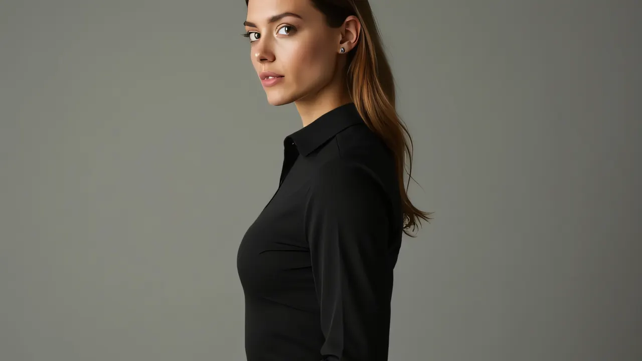 Single woman in fitted black shirt standing against neutral backdrop.