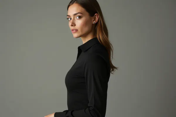 Confident Woman in Black Shirt Against Neutral Backdrop