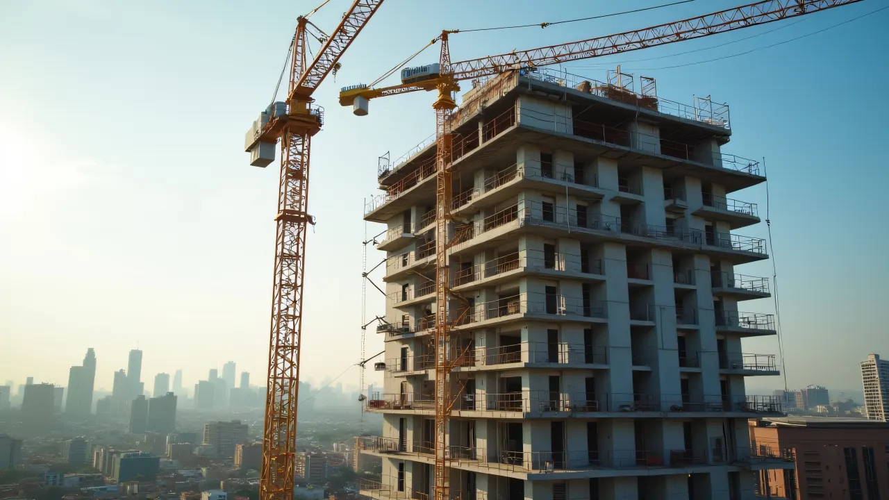 A construction crane next to a mid-construction building with workers and scaffolding visible.