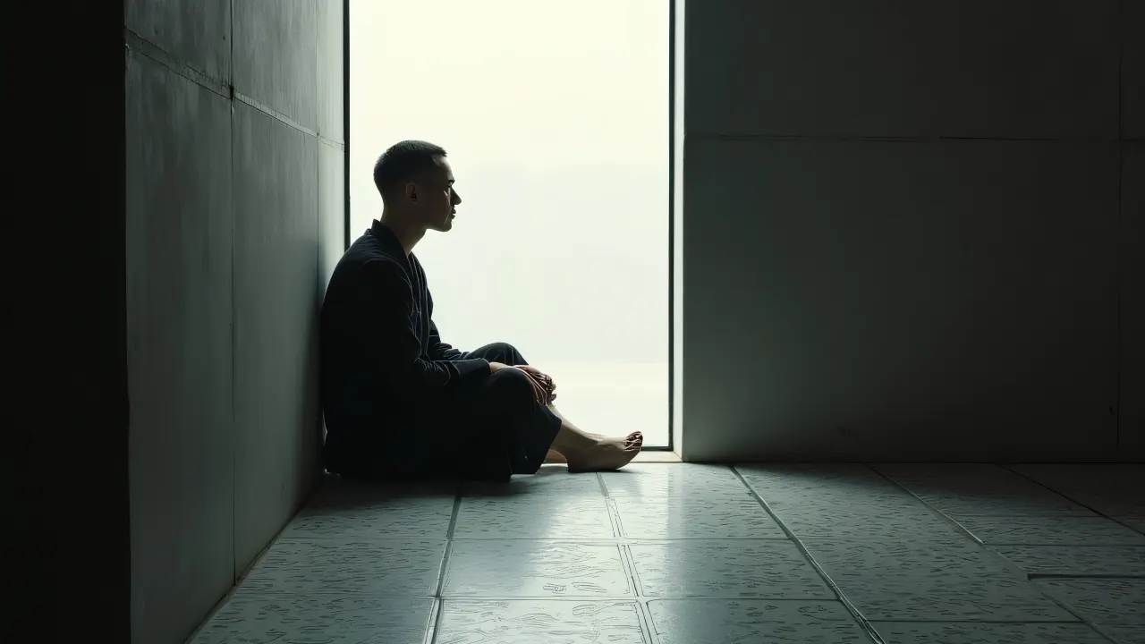 A seated figure on patterned tiles looks out through a glass aperture, captured in soft light.