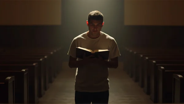 Contemplative Individual Holding Bible in Church Aisle