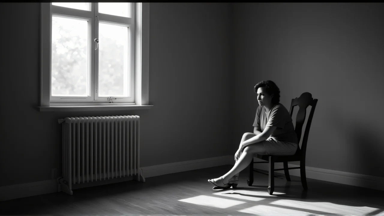 Grayscale image of a woman seated in a minimalist room, lost in thought.