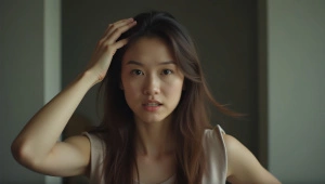 Contemplative Woman Touching Head in Natural Light