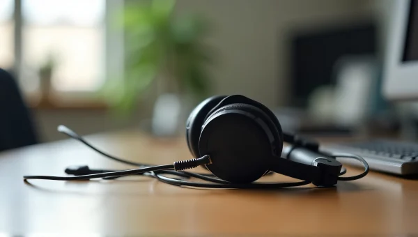 Corded Headset On Wooden Desk With Tangled Cable