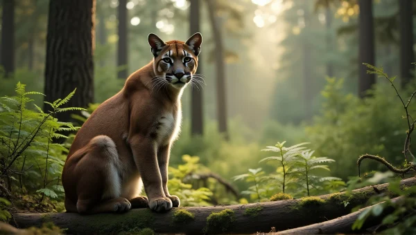 Cougar Resting On Mossy Log In Forest Clearing