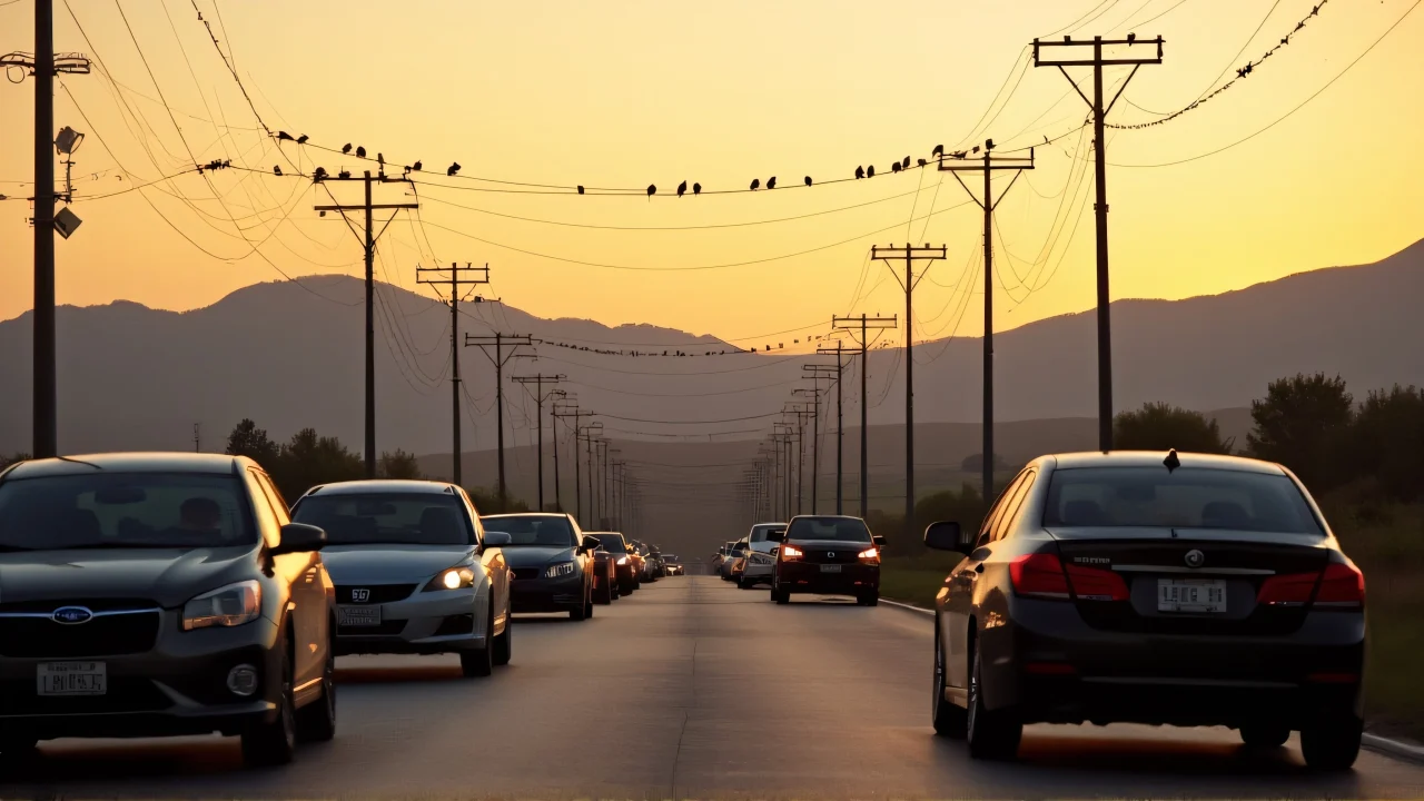 Several cars parked on a quiet country road at dusk with birds on wires.