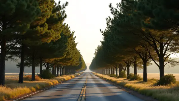 Country Road With Mixed Deciduous And Conifer Trees