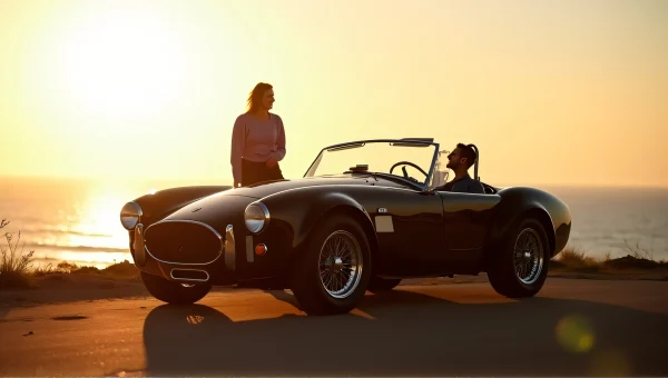 Couple Beside Classic Roadster at Beach Sunset