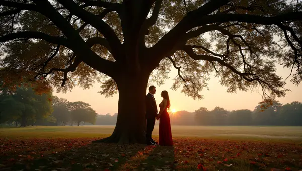 Couple by Oak Tree at Dusk Touching Hands