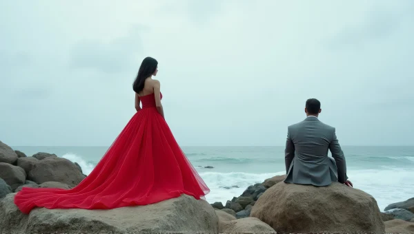 Couple by Ocean: Woman in Red Gown and Man in Suit