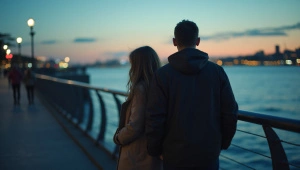 Couple by Waterfront at Dusk with Breeze