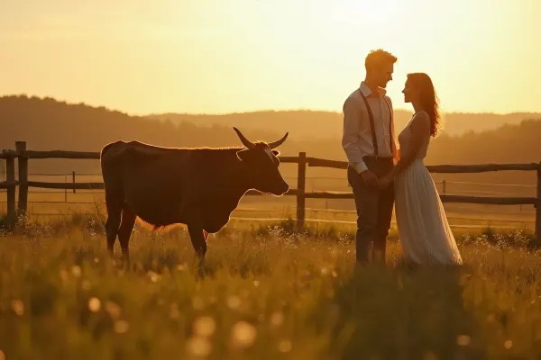 Couple with Cow in Sunlit Meadow