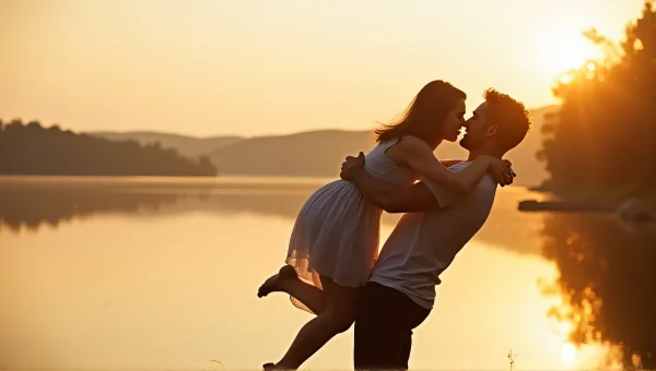 Couple Embracing by Calm Lake at Golden Hour