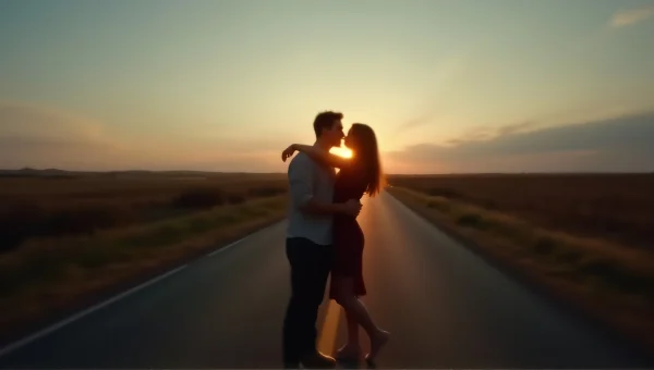 Couple Embracing on Rural Road at Dusk