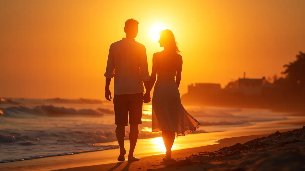 Silhouette of a couple holding hands on the beach at sunset with gentle waves and a warm sky.