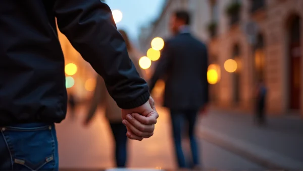 Couple Holding Hands City Sidewalk Dusk