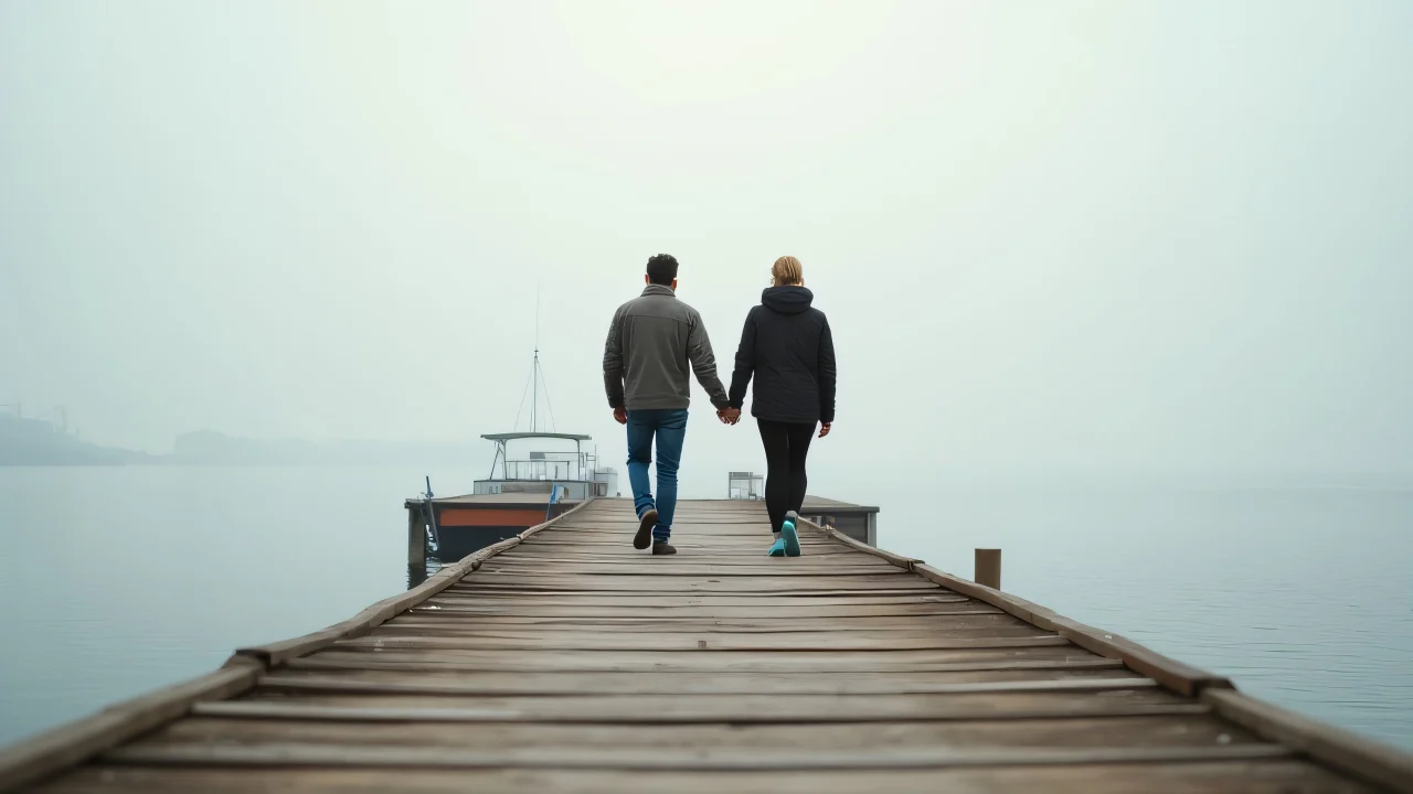 A couple walks hand in hand on a weathered dock toward a misty horizon.