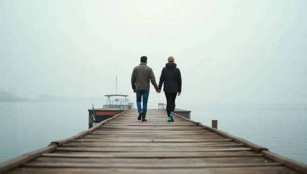 Couple Holding Hands Walking On Dock At Dusk