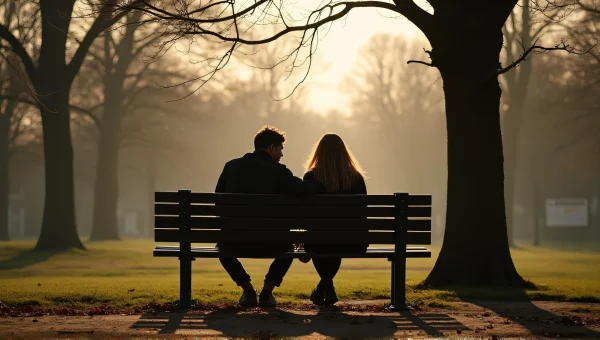 Couple On Park Bench Under Trees In Afternoon Light