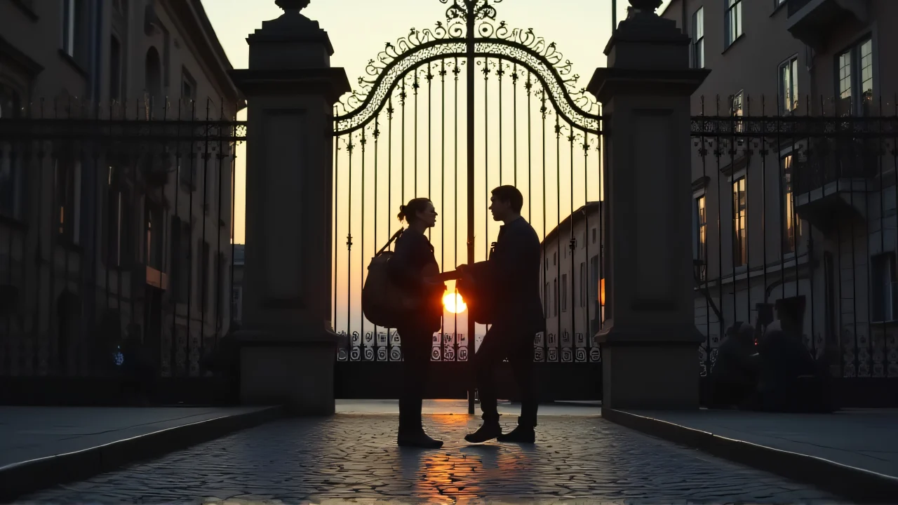 A couple plays instruments by an iron gate at dusk on cobblestones.