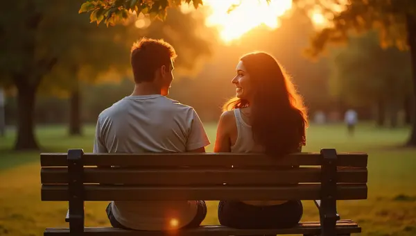 Couple Relaxing Together On Park Bench At Sunset