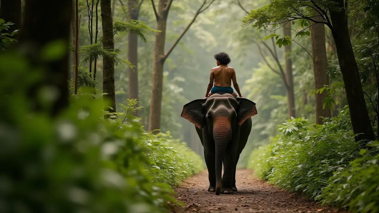 A man and woman ride an elephant along a dense jungle path under midday light.