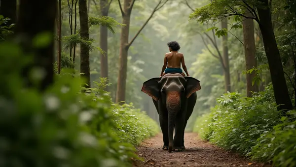 Couple Riding Elephant Through Lush Jungle Path