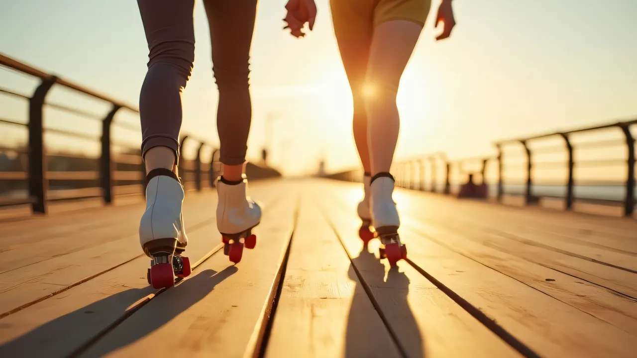 A couple enjoying roller skating together on a sunlit boardwalk.