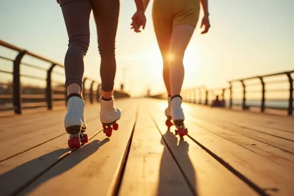 Couple Roller Skating on Sunlit Boardwalk