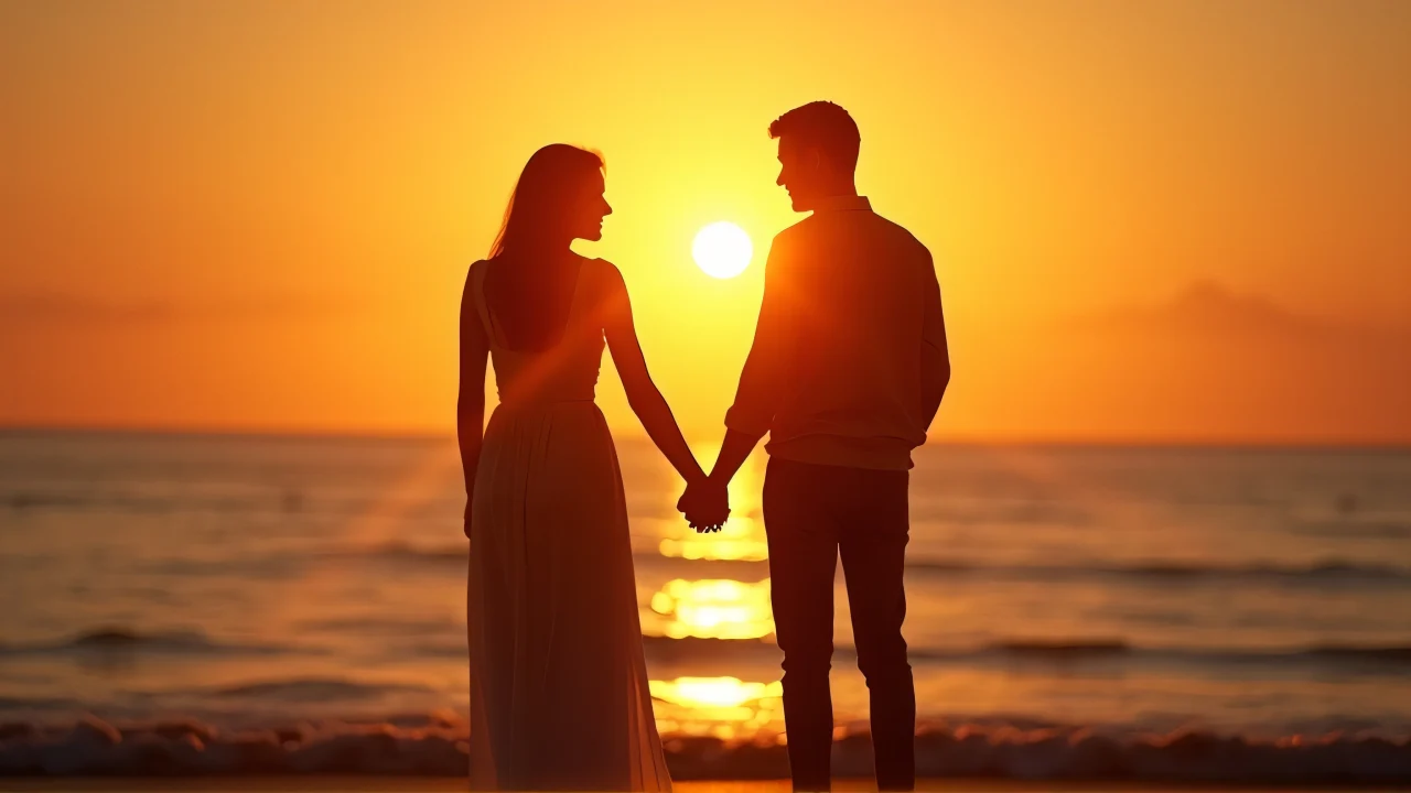 Silhouette of a couple holding hands on the beach during sunset with soft lens flare.