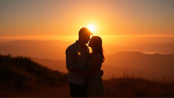 Couple Silhouette Hugging at Twilight on Hill