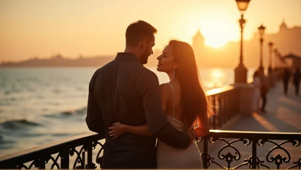 Couple Silhouettes At Seaside Promenade Golden Hour