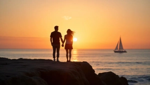Couple Silhouettes on Coastal Rock at Sunset