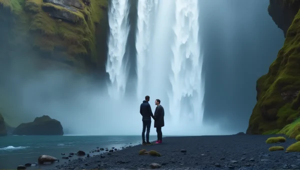 Couple Standing Beneath Majestic Waterfall