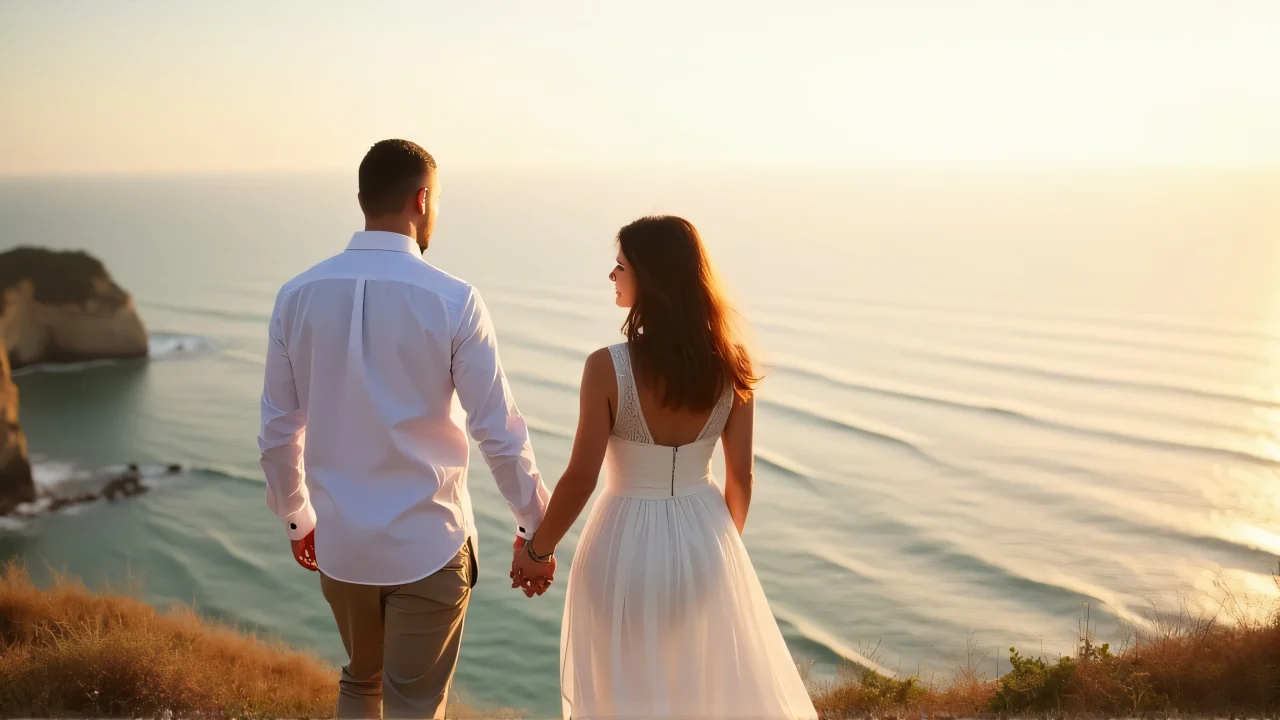 A couple in a white dress and dress shirt stand hand-in-hand on a sunny seaside cliff.