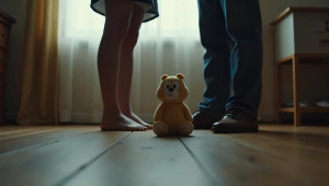Couple Standing Near Plush Toy on Wooden Floor