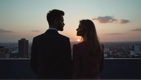 Couple Standing Together on City Rooftop at Dusk