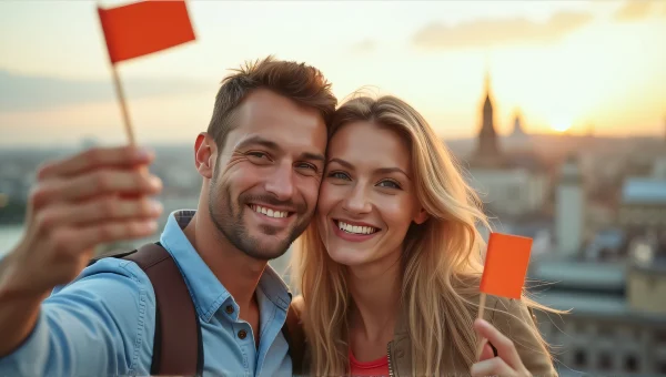 Couple Taking Selfie with Flaglets in City