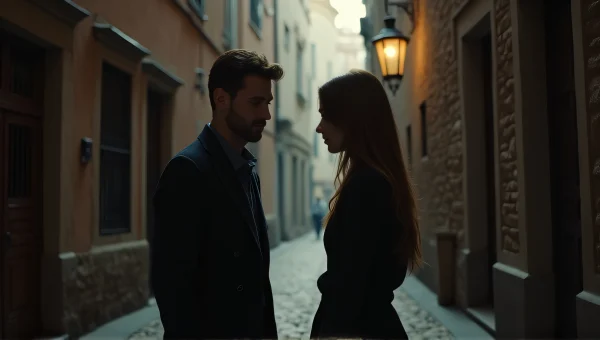 Couple Walking In Cobblestone Alley At Night
